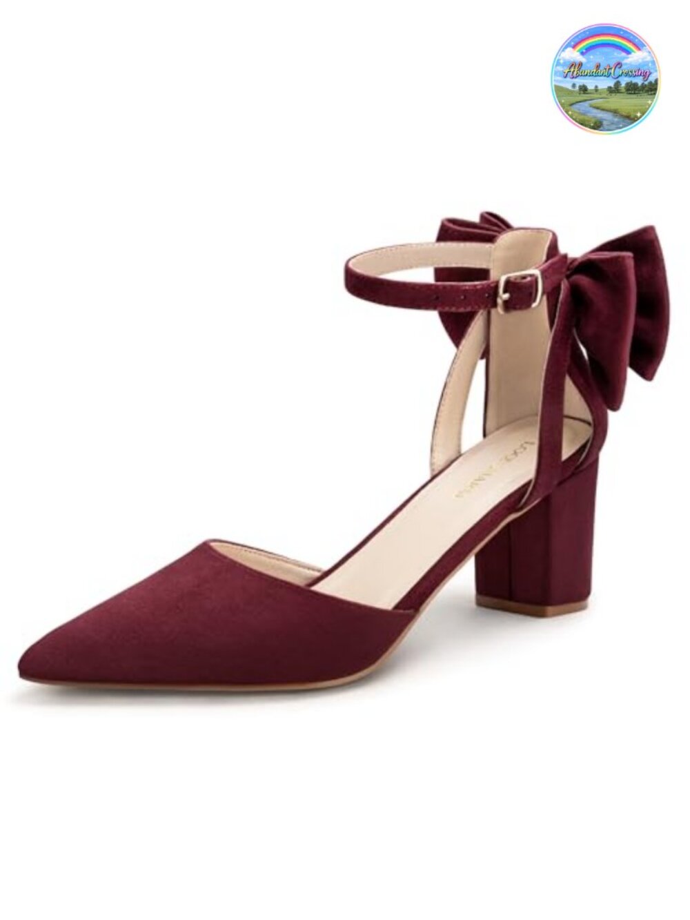Pointed Toe Block Heel Pumps with Bow Ankle Strap Suede Formal Dress Shoes